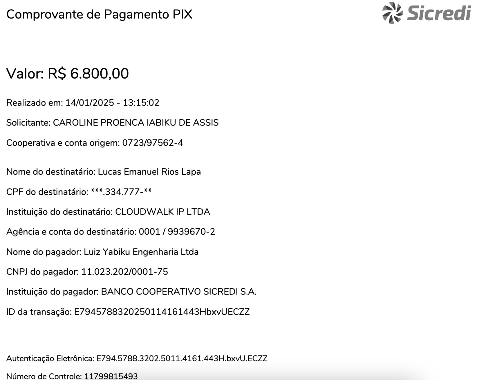 Comprovante de pagamento